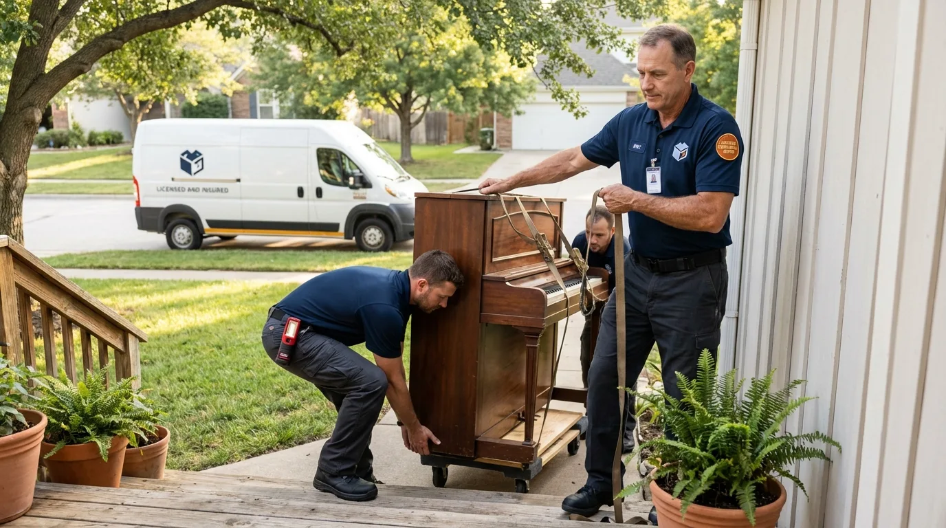 Licensed piano movers securing grand piano in Paden City, WV