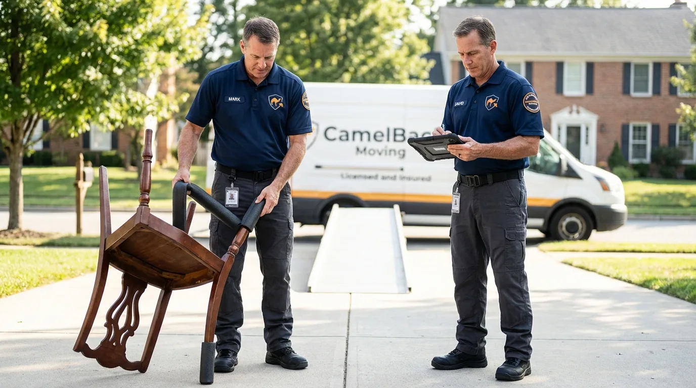 Movers inspecting furniture for damage prevention before loading in Paden City, WV