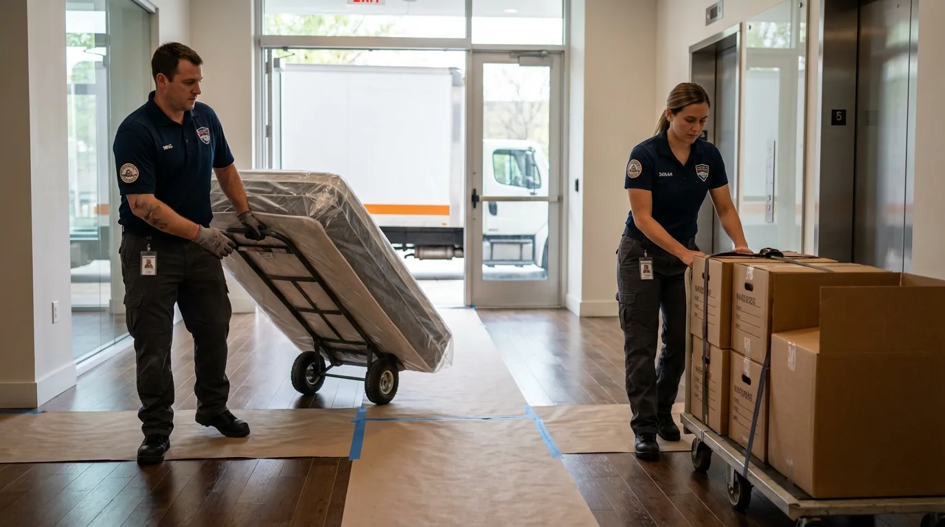 Professional apartment movers loading elevator in Paden City, WV