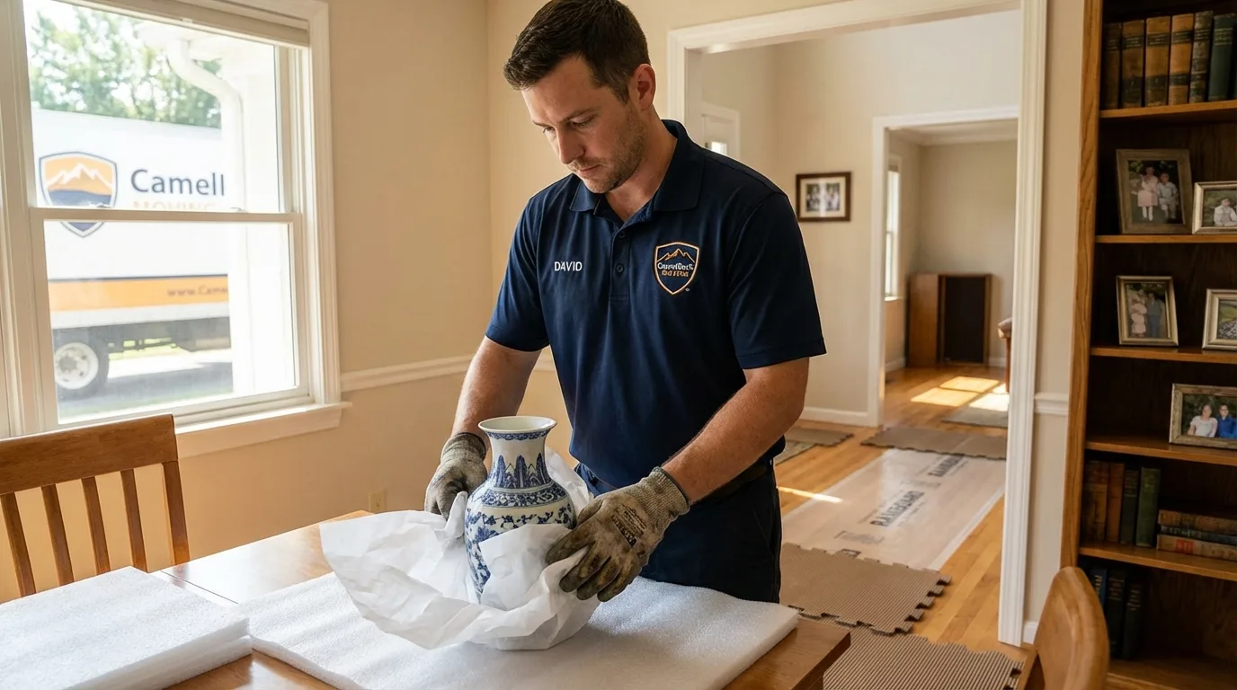 Professional crew carefully wrapping antique vase for senior downsizing move in Paden City, WV