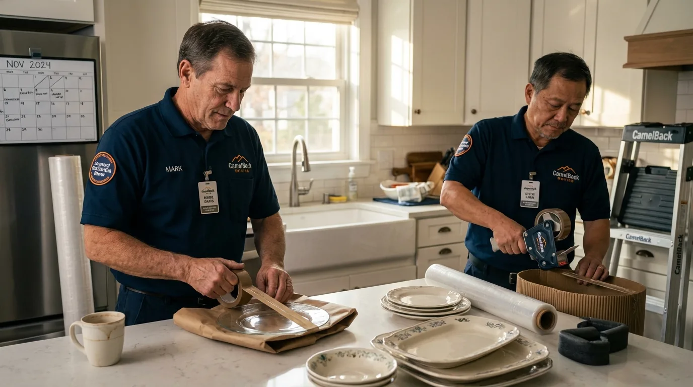 Professional crew packing kitchen dishware in Paden City, WV